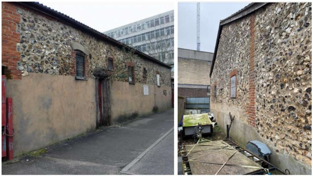 Barn and retaining wall believed to include Medieval remains of St Olave's [Mark Wilson]