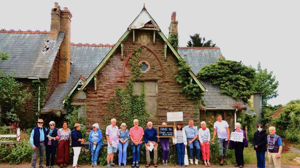 Residents of Garway protesting outside the Old School against the proposed demolition